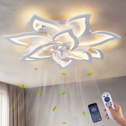 32inch White Flower Modern Ceiling Fans with Lights, Low Profile Ceiling Fan with Remote for Bedroom, Flush Mount Ceiling Fan with LED Dimmable Light,6-Speeds, Timing Ceiling Fan Light - ABS+PC,Iron - Contemporary - 1000lm-5000lm - 3000K-6500K - Living room