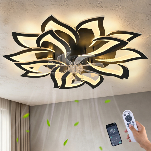 35" Black 15-Head Geometric Ceiling Fan with Lights Remote Control, Low Profile Ceiling Fan with Light for Kitchen Bedroom Living Room - ABS+PC,Iron - Contemporary - Ceiling Fans - LED - 1000lm-5000lm - 3000K-6500K