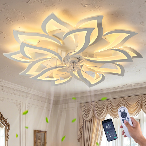 15Leaves-White Flower Modern CeilingFans with Lights, Low Profile Ceiling Fan with Remote for Bedroom, Ceiling Fan with LED Dimmable Light,3-Colors, 6-Speeds, Timing CeilingFan Light - ABS+PC,Iron - Contemporary - Ceiling Fans - 1000lm-5000lm - 1000K-2600K(Candlelight) - Living room