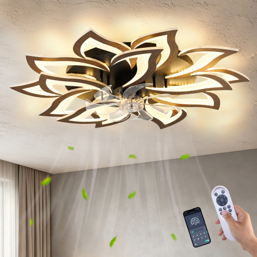 35" Wood Modern Ceiling Fan with Lights Remote Control, 6 Speeds 3 Light Color Low Profile Flush Mount Ceiling Fan for Kitchen Bedroom Living Room - ABS+PC,Iron - Contemporary - Ceiling Fans - LED - 1000lm-5000lm - 3000K-6500K
