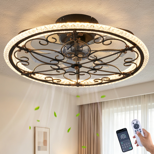 Rustic Black Caged Ceiling Fan with Light, Farmhouse Caged Ceiling Fan with Remote, LED Low Profile Ceiling Light for Bedroom Kitchen Living Room - Matte Black - ABS+PC,Iron - American Design,American Traditional - Ceiling Fans - 1000lm-5000lm - 3000K-6500K