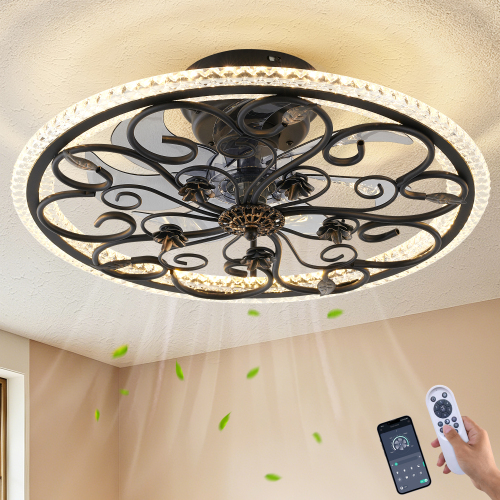 Black Flower Caged Ceiling Fan with Light, Rustic Industrial Ceiling Fan with Lights and Remote, LED Low Profile Ceiling Fan with Light for Bedroom Kitchen Living Room - Matte Black - ABS+PC,Iron - American Traditional,Art Deco - Ceiling Fans - 1000lm-5000lm - 3000K-6500K