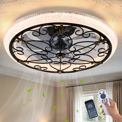 20" Black Caged Ceiling Fan with Lights Remote Control, Industrial Crystal Sand Lampshade Ceiling Fan with Light for Kitchen Bedroom Living Room - Matte Black - ABS+PC,Iron - American Traditional,Art Deco - Ceiling Fans - LED - 1000lm-5000lm - 3000K-6500K