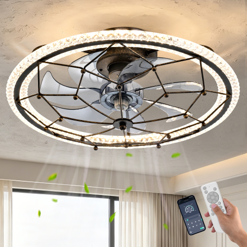 Caged Ceiling Fan with Lights Remote Control, 6 Speeds 3 Color Farmhouse Industrial Ceiling Fan with Light for Kitchen Bedroom Living Room - Antique Black - ABS+PC,Iron - American Traditional,Art Deco - Ceiling Fans - LED - 1000lm-5000lm - 3000K-6500K