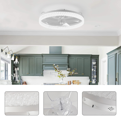 19" White Feather Bedroom Fan light with Remote Control, Dimmable, 7 Blades, Reversible DC Motor, with LED Light - Off White - ABS