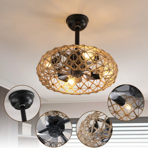 19" Hemp Rope Woven Ceiling Fan with 4 bulbs, Dimmable, 7 Blades, Reversible DC motor. - Earthy Yellow - Metal,Woven Rope
