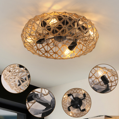 Ceiling-mounted Jute Rope Fan Light Strip with 4 Bulbs, Dimmable, 7 Dlades, Reversible DC Motor - Earthy Yellow - Metal,Rope