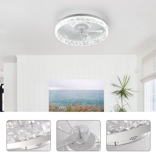 19" White Frame Iceberg Bedroom Fan Light with Remote Control, Dimmable, 7 Blades, Reversible DC Motor, with LED Light - Ivory White - ABS