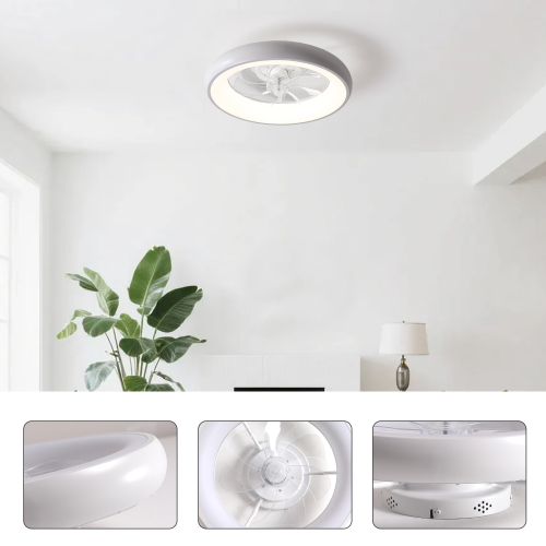 19" Matte White Bedroom Fan Light with Remote Control, Dimmable, 7 Blades, Reversible DC Motor, with LED Light - Ivory White - ABS