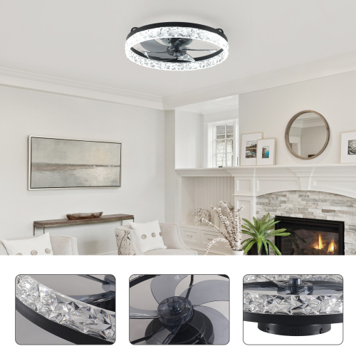 19" Black Frame Iceberg Bedroom Fan Light with Remote Control, Dimmable, 7 Blades, Reversible DC Motor, with LED Light - ABS
