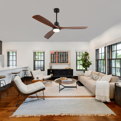 59 Inch Ceiling Fan with Light, 3 Solid Wood Blades,Remote Control,6-speed Reversible DC Motor for Living Room,Bed Room,Dining Room. - Black + Dark Walnut - Metal & Wood