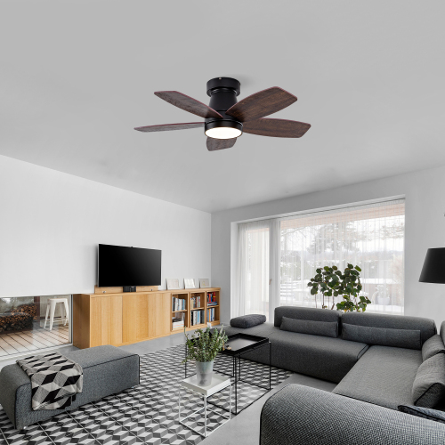 35-Inch 5-Blade Ceiling Fan,Modern Ceiling Fan with solid wood blades, and LED lighting.Suitable for Kitchen,Living Room and Terrace,Black. - Black + Dark Walnut - Metal & Wood