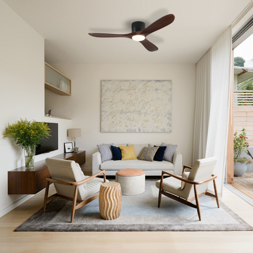 52-inch Ceiling Fan with Light, 3 Dark Walnut Wood Blades, Remote Control, Reversible DC Motor for Living Room - Black + Dark Walnut - Metal & Wood