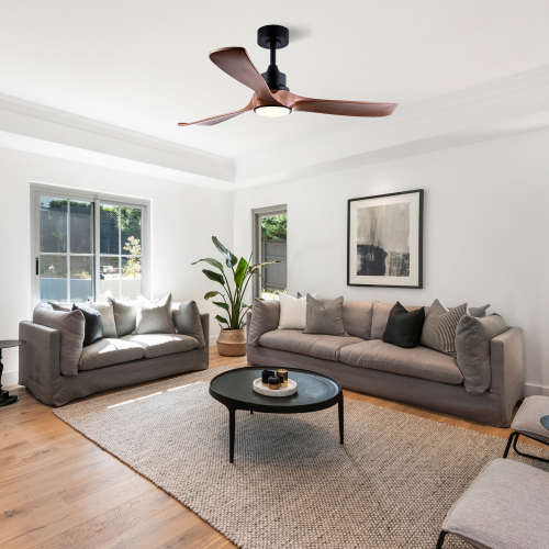52 Inch Ceiling Fan with Light, 3 Solid Wood Blades,Remote Control,6-speed Reversible DC Motor for Living Room,Bed Room,Dining Room. - Black + Dark Walnut - Metal & Wood