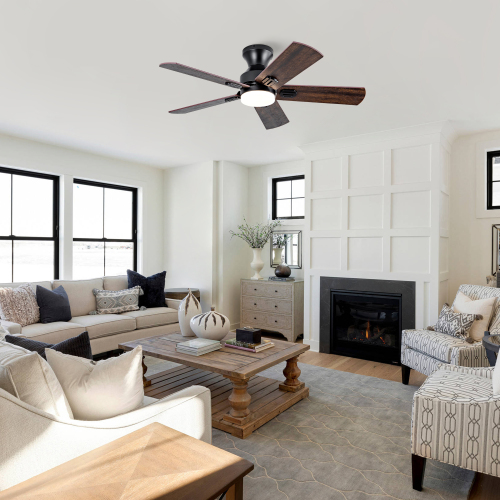 41-Inch 5-Blade Ceiling Fan,Modern Ceiling Fan with solid wood blades, and LED lighting.Suitable for Kitchen,Living Room and Terrace,Black. - Black + Dark Walnut - Metal & Wood