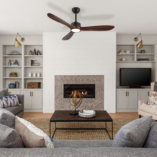 52 Inch Ceiling Fan with Light, 3 Solid Wood Blades,Remote Control,6-speed Reversible DC Motor for Living Room,Bed Room,Dining Room. - Black,Walnut - Wood+Metal