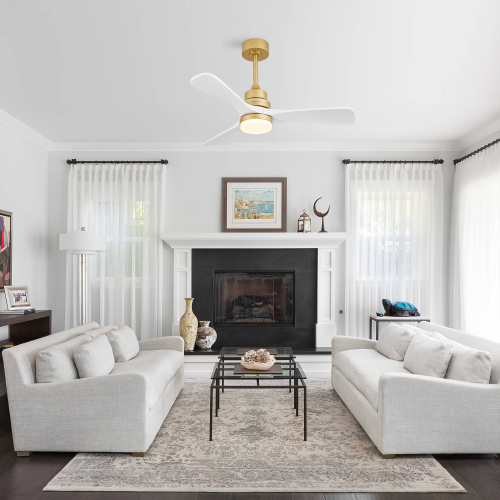 41 Inch Ceiling Fan with Light, 3 Solid Wood Blades,Remote Control,6-speed Reversible DC Motor for Living Room,Bed Room,Dining Room. - Golden White - Metal & Wood