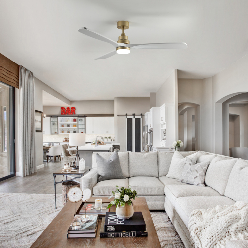 59.8 Inch Ceiling Fan with Light, 3 Solid Wood Blades,Remote Control,6-speed Reversible DC Motor for Living Room,Bed Room,Dining Room. - White+Gold - Metal & Wood