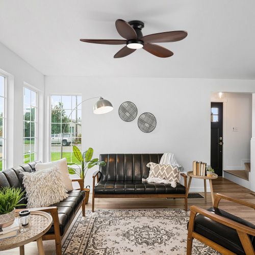 41.7" Black Ceiling Fan with Light, 5 Solid Wood Blades, 6-speed Reversible DC Motor for Bed Room,Dining Room,Living Room. - Black + Dark Walnut - Metal & Wood