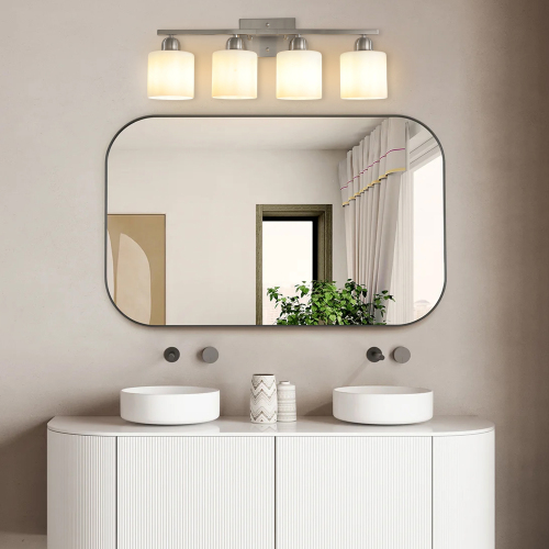 Modern 4-Light Bathroom Fixture with Nickel Finish and Milky White Glass Shade, Wall Sconces Lighting for Bathrooms, Bedrooms and Hallways (No Bulbs) - Brushed Nickel - Glass,Iron