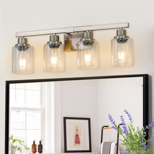 Modern 4-Light Bathroom Vanity Light Fixture - Brushed Nickel Finish with Clear Glass Shades, Light Fixture Bathroom Over Mirror Wall Lights for Kitchen Dinning Room Bedroom Hallway (No Bulbs) - Glass,Iron