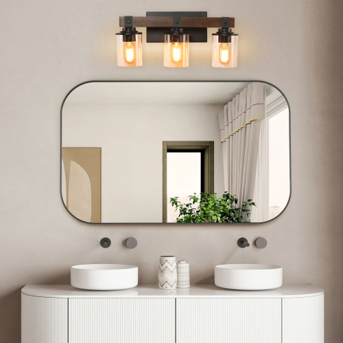 Farmhouse Vanity Light Fixture, 3-Light Bathroom Wall Sconce with Black Frame and Walnut Accents, Featuring Clear Glass Shades for Bathrooms, Washrooms, Kitchens, and Diningrooms (No Bulbs) - Black + Dark Walnut - Iron,Wood+Glass