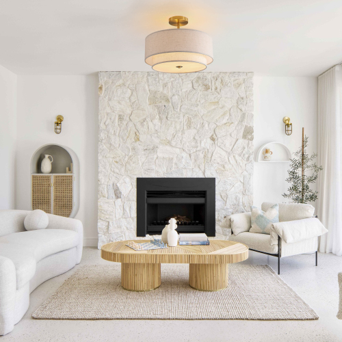 15" Modern Ceiling Light, Fabric Upholstered, Flush-Mount Fixture for Living Room, Bedroom or Dining Room, Stylish Energy-Saving Design, Easy Installation (Bulb Not Included) - Gold,Linen - Fabric+Metal