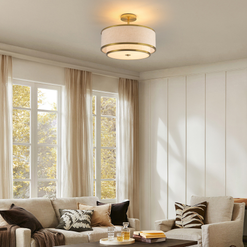 15" Modern Ceiling Light,Fabric Shade and Gold Trim, Flush-Mount Fixture for Living Room, Bedroom or Dining Room, Stylish Energy-Saving Design, Easy Installation (Bulb Not Included) - Beige+Gold - Fabric+Metal