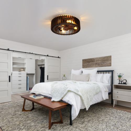 Semi Flush Mount Ceiling Light, Ceiling Light with Handcrafted Wooden Sat Shade ,for Bedroom Hallway Living Room Kitchen,4-Light Wooden Chandelier, 3 ABS Blades - Black+Brown - Metal & Wood