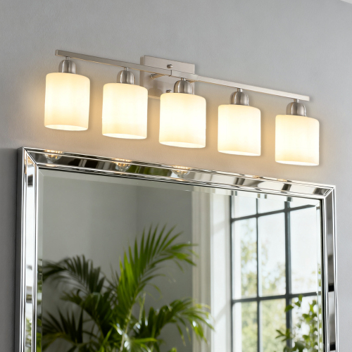 Modern 5-Light Bathroom Fixture with Nickel Finish and Milky White Glass Shade, Wall Sconces Lighting for Bathrooms, Bedrooms and Hallways (No Bulbs) - Brushed Nickel - Glass,Iron