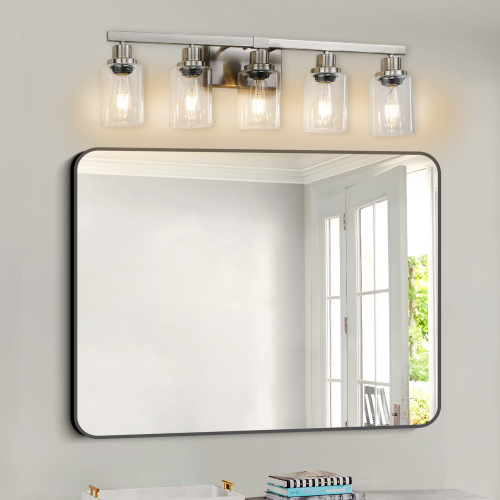 Modern 5-Light Bathroom Vanity Light Fixture - Brushed Nickel Finish with Clear Glass Shades, Light Fixture Bathroom Over Mirror Wall Lights for Kitchen Dinning Room Bedroom Hallway (No Bulbs) - Glass,Iron