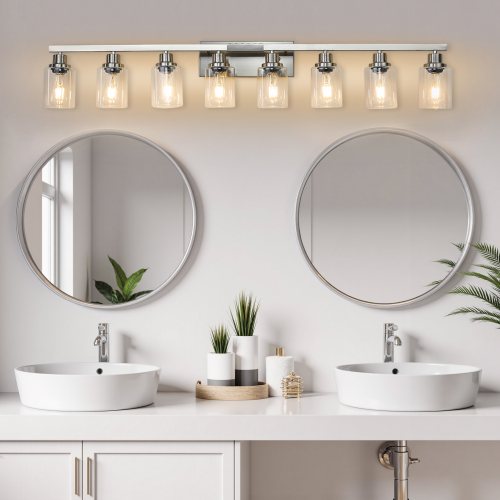 Modern 8-Light Bathroom Vanity Light Fixture - Brushed Nickel Finish with Clear Glass Shades, Light Fixture Bathroom Over Mirror Wall Lights for Kitchen Dinning Room Bedroom Hallway (No Bulbs) - Glass,Iron