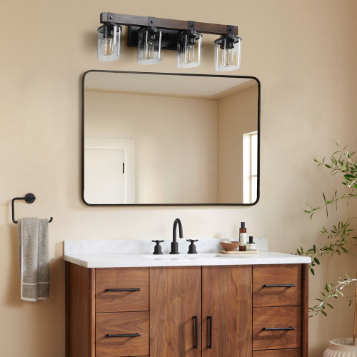 Farmhouse Vanity Light Fixture, 4-Light Bathroom Wall Sconce with Black Frame and Walnut Accents, Featuring Clear Glass Shades for Bathrooms, Washrooms, Kitchens, and Diningrooms (No Bulbs) - Black + Dark Walnut - Iron,Wood+Glass
