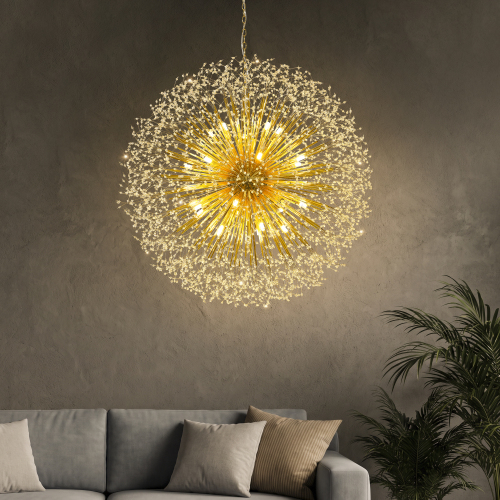 48-Inch Extra Large Dandelion Crystal Chandelier Gold Modern Light Fixture - Firework Sputnik Chandelier for High Ceiling Living Room Dining Room - Luxury Hanging Pendant 24 G9 LED Bulbs Included - Glass,Metal