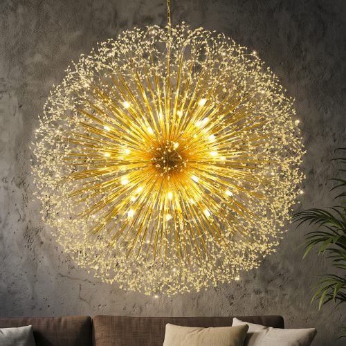 63-Inch Extra Large Dandelion Crystal Chandelier Gold Modern Light Fixture - Grand Firework Sputnik Chandelier for High Ceiling Living Room Foyer - Luxury Hanging Pendant 30 G9 LED Bulbs Included - Glass,Metal