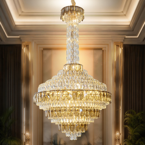 Large Crystal Chandelier 48-Inch Gold Modern Light Fixture - High Ceiling Foyer Lighting Fixtures Ceiling Luxury Empire Chandelier with Shell Ornaments - Hanging Light Fixture for Dining Room Liv - Glass