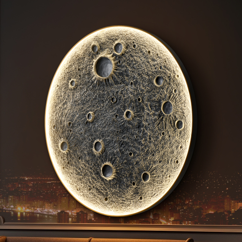 46-Inch Realistic Resin Moon Wall Light – Plug-In Dimmable LED Moon Sconce with Remote Control, 45 W Main & 20 W Night Light, Meteorite Crater Texture, 1.75″ Thick Wall-Mounted Décor for Home & Commer - Gray - Metal - LED Lighting