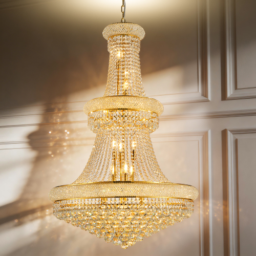 32-Inch Gold Crystal Chandelier, 27-Light French Empire Ceiling Light with LED Bulbs, Adjustable 59-Inch Chain, 3000K Warm Light, Ideal for Living Room, Dining Room, and Foyer - Ceiling Lights - 2700K-3000K(Warm White)