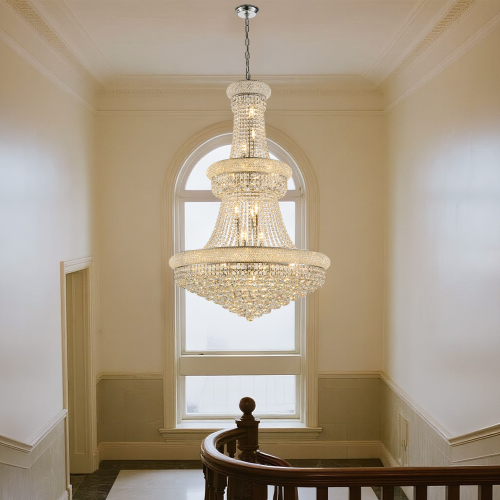 32-Inch Silver Crystal Chandelier, 27-Light French Empire Ceiling Light with LED Bulbs, Adjustable 59-Inch Chain, 3000K Warm Light, Perfect for Dining Room, Living Room, and Foyer - Chrome - Ceiling Lights - 2700K-3000K(Warm White)