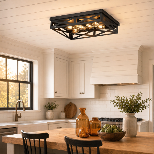 6-Light Black Iron Geometric Flush Mount Ceiling Light, 19.69-Inch