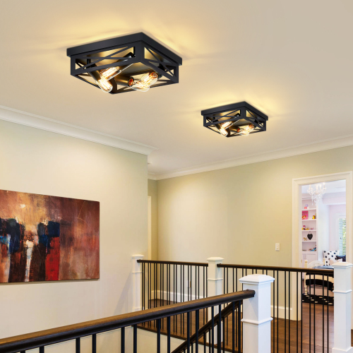 2-Pack 4-Light Matte Black Iron 12.2-Inch Square Flush Mount Lights