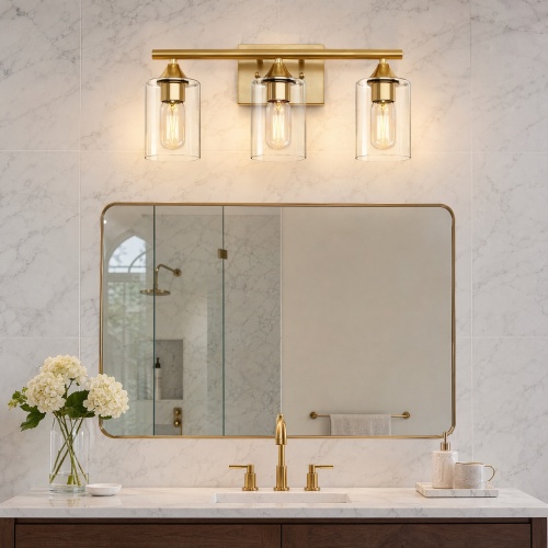 3-Light Brushed Gold Iron Vanity Light with Clear Glass Shades
