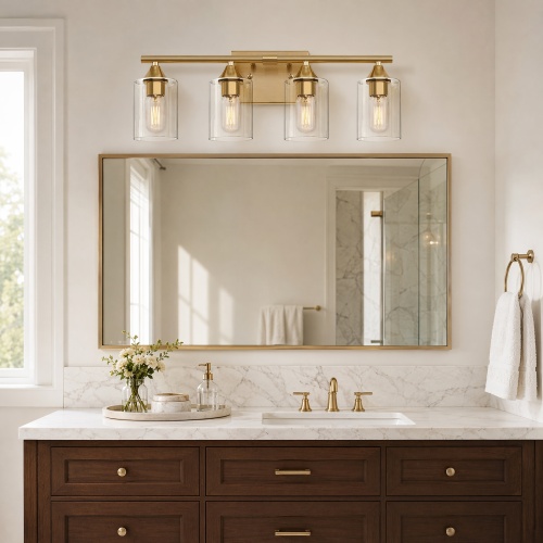 4-Light Brushed Gold Iron Bathroom Vanity Sconce with Clear Glass
