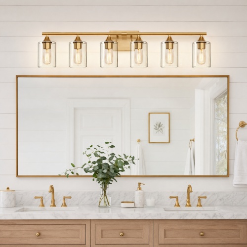6-Light Gold Iron Bathroom Vanity Light Fixture with Clear Glass Shade