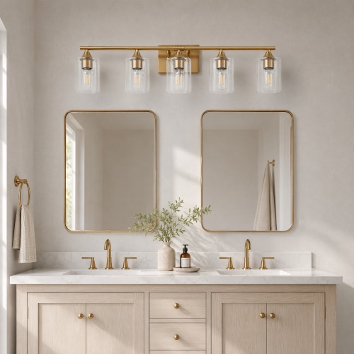 5-Light Brushed Gold Iron Vanity Light, 31.89-Inch, Clear Glass