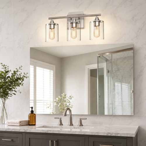 3-Light Silver Iron Bathroom Vanity Light with Clear Glass Shade