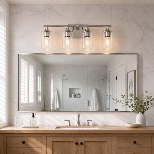 4-Light Silver Iron Bathroom Vanity Light, 31.89-Inch Clear Glass