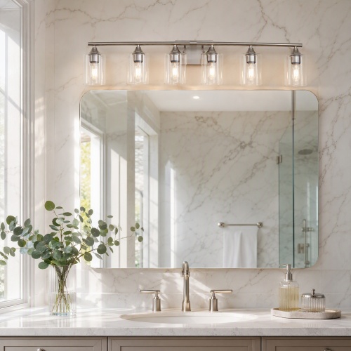 6-Light Brushed Nickel Iron Bathroom Vanity Light with Clear Glass