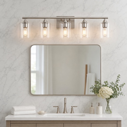 5-Light Brushed Nickel Iron Bathroom Vanity Light with Clear Glass Shades