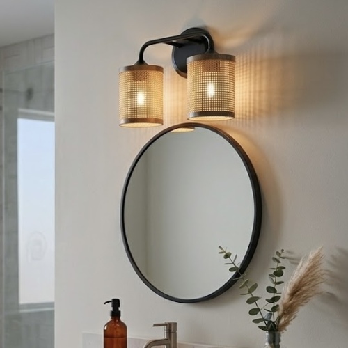 Quell Double-Light Vanity Wall Lamp, Black Metal/Rattan, 7 x 10 x 12.5 in
